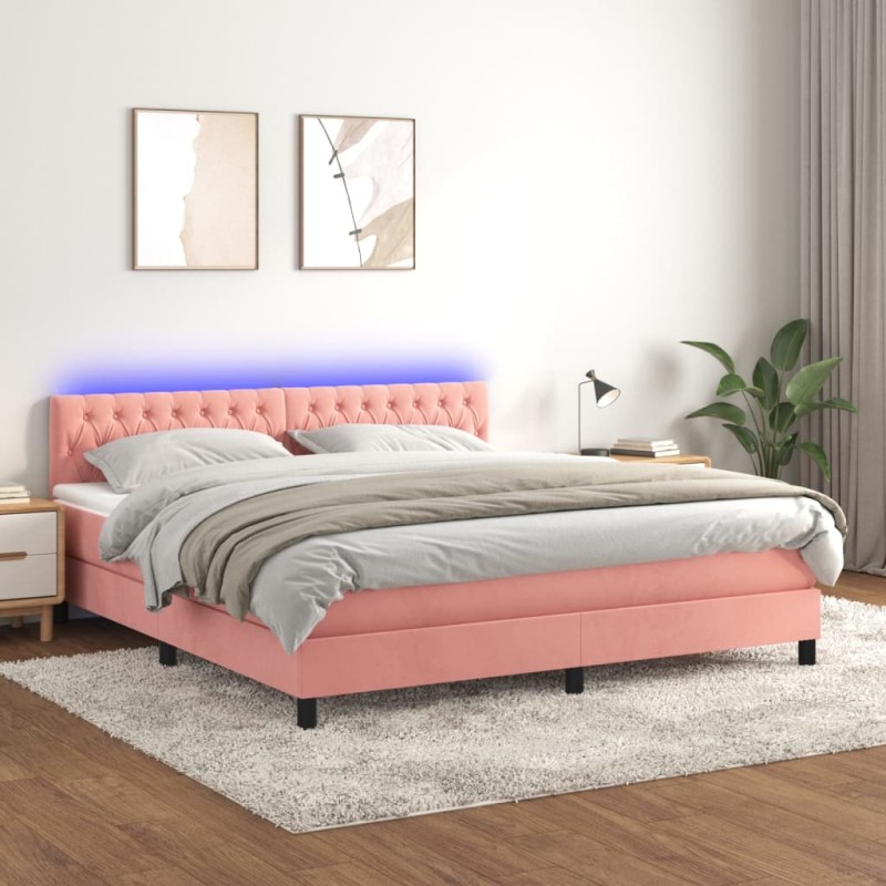 Letto a Molle con Materasso e LED Rosa 160x200 cm in Velluto Letto a Molle con Materasso e LED Rosa 160x200 cm in Velluto