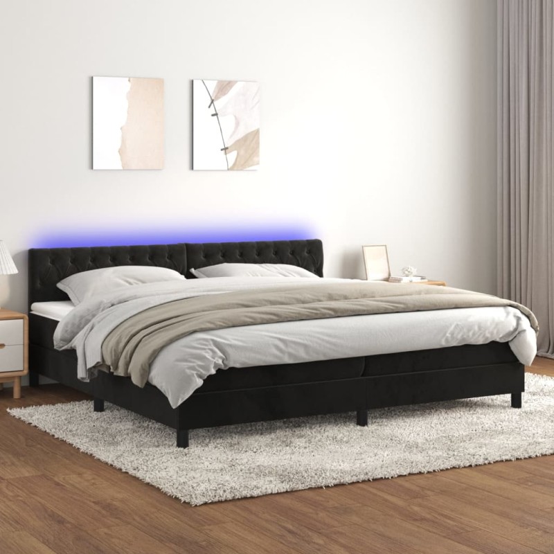 Letto a Molle con Materasso e LED Nero 200x200 cm in Velluto Letto a Molle con Materasso e LED Nero 200x200 cm in Velluto