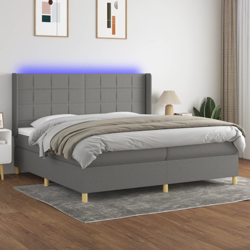 Letto a Molle Materasso e LED Grigio Scuro 200x200cm in Tessuto Letto a Molle Materasso e LED Grigio Scuro 200x200cm in Tessuto