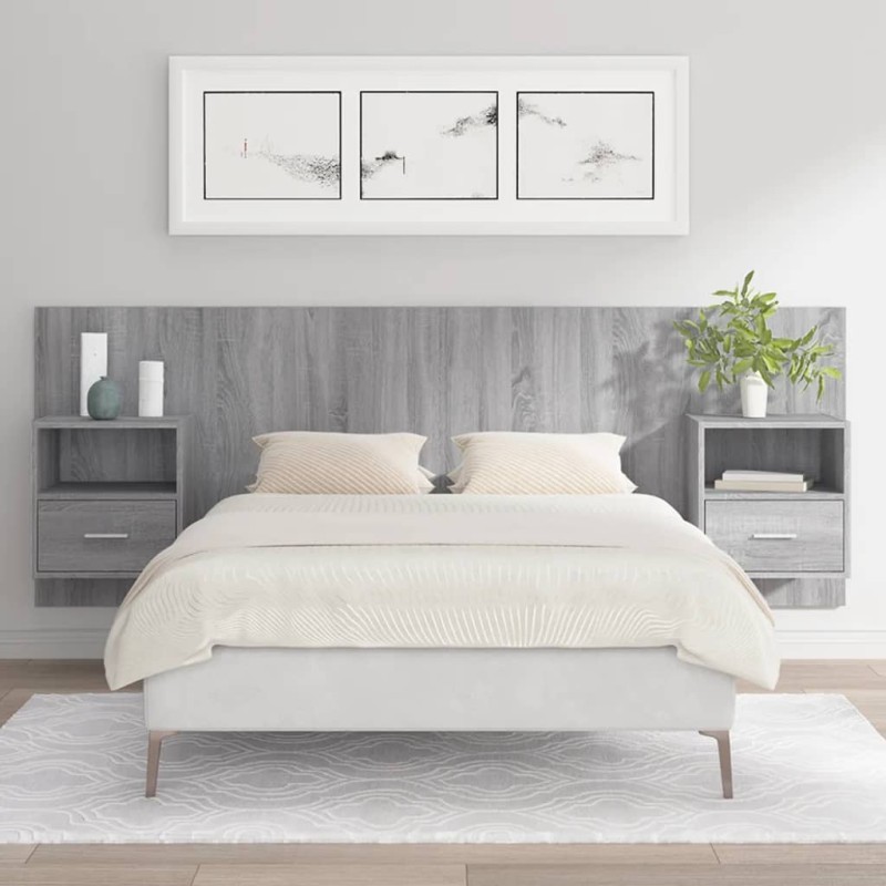 Testiera Letto con Comodini in Legno Multistrato Grigio Sonoma Testiera Letto con Comodini in Legno Multistrato Grigio Sonoma