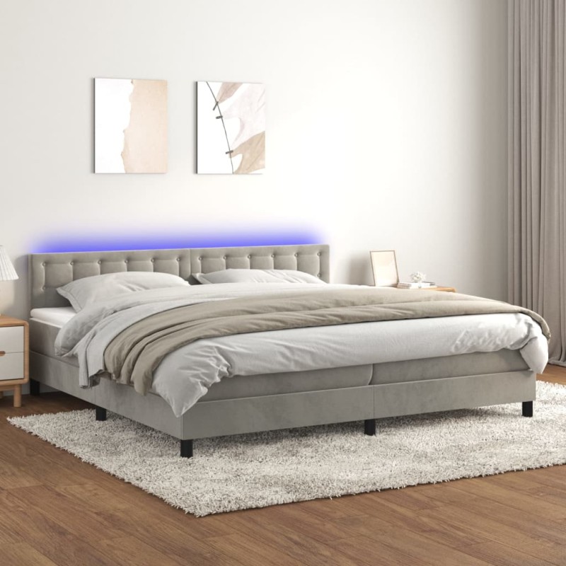 Letto a Molle Materasso e LED Grigio Chiaro 200x200 cm Velluto Letto a Molle Materasso e LED Grigio Chiaro 200x200 cm Velluto
