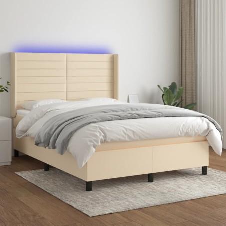 vidaXL Letto a Molle con Materasso e LED Crema 140x200 cm in Tessuto