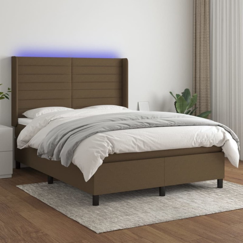 vidaXL Letto a Molle Materasso e LED Marrone Scuro 140x200 cm Tessuto vidaXL Letto a Molle Materasso e LED Marrone Scuro 140x200 cm Tessuto