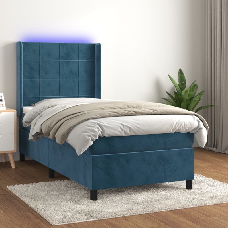 Letto a Molle con Materasso e LED Blu Scuro 90x200cm in Velluto Letto a Molle con Materasso e LED Blu Scuro 90x200cm in Velluto