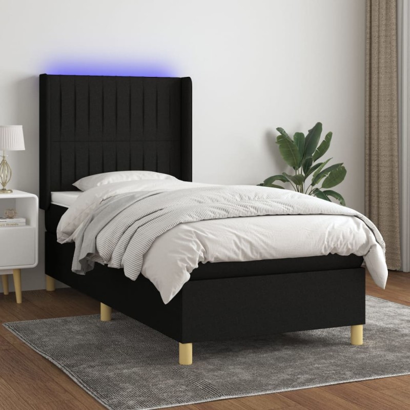 Letto a Molle con Materasso e LED Nero 90x200 cm in Tessuto Letto a Molle con Materasso e LED Nero 90x200 cm in Tessuto