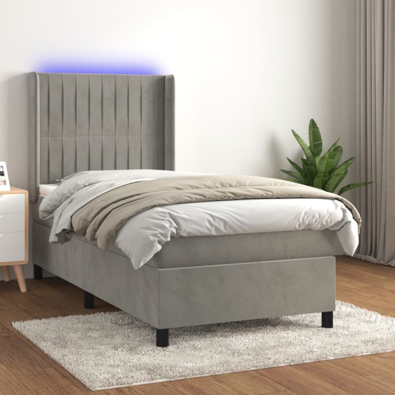 Letto a Molle Materasso e LED Grigio Chiaro 100x200 cm Velluto Letto a Molle Materasso e LED Grigio Chiaro 100x200 cm Velluto