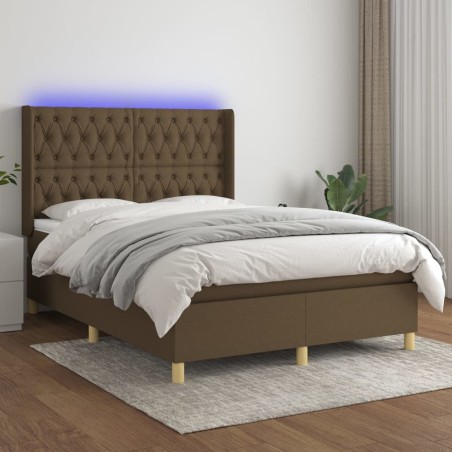 vidaXL Letto a Molle Materasso e LED Marrone Scuro 140x200 cm Tessuto
