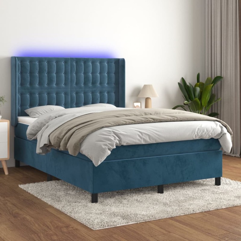 vidaXL Letto a Molle con Materasso e LED Blu Scuro 140x190 cm vidaXL Letto a Molle con Materasso e LED Blu Scuro 140x190 cm