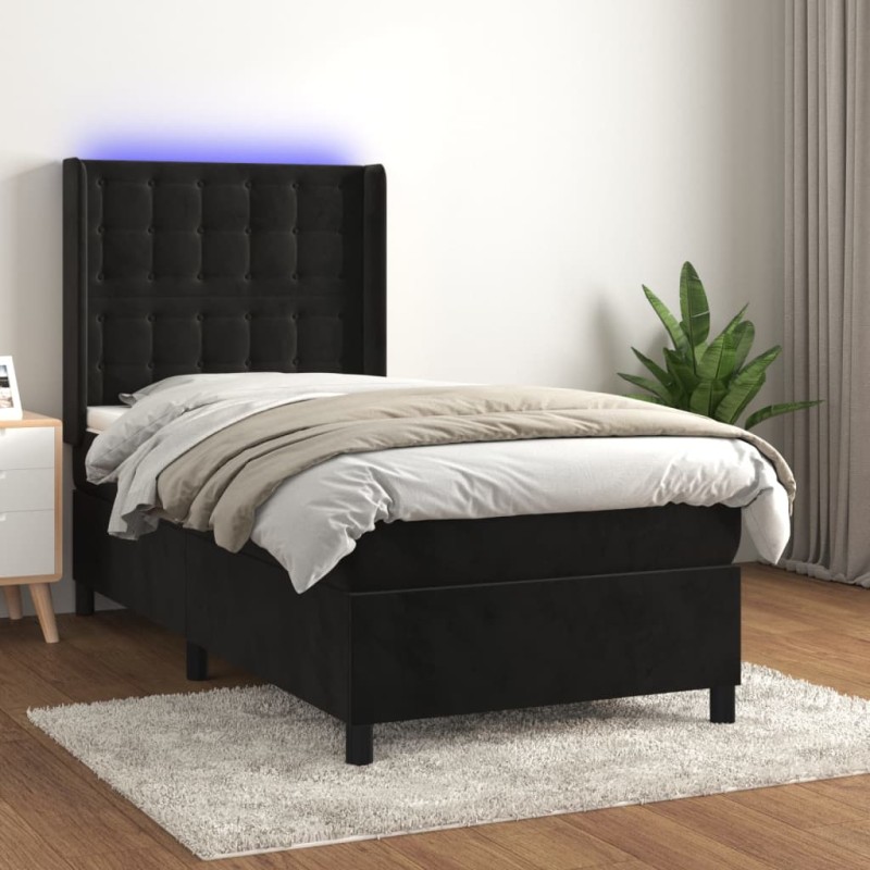 Letto a Molle con Materasso e LED Nero 90x200 cm in Velluto Letto a Molle con Materasso e LED Nero 90x200 cm in Velluto