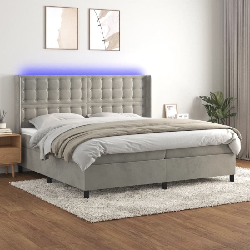 Letto a Molle Materasso e LED Grigio Chiaro 200x200 cm Velluto Letto a Molle Materasso e LED Grigio Chiaro 200x200 cm Velluto