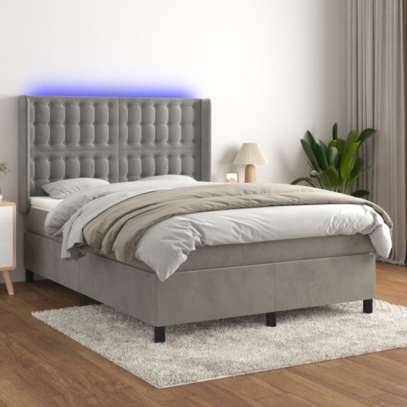 Letto a Molle Materasso e LED Grigio Chiaro 140x190 cm Velluto Letto a Molle Materasso e LED Grigio Chiaro 140x190 cm Velluto