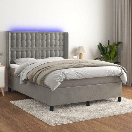 Letto a Molle Materasso e LED Grigio Chiaro 140x190 cm Velluto
