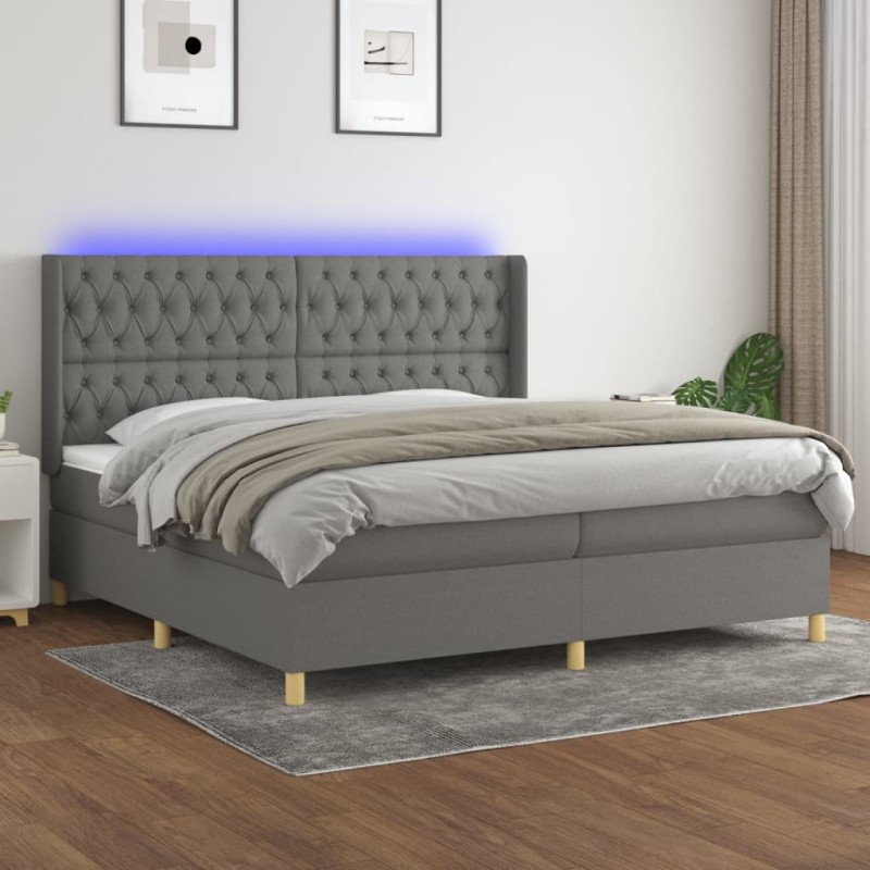 Letto a Molle Materasso e LED Grigio Scuro 200x200cm in Tessuto Letto a Molle Materasso e LED Grigio Scuro 200x200cm in Tessuto