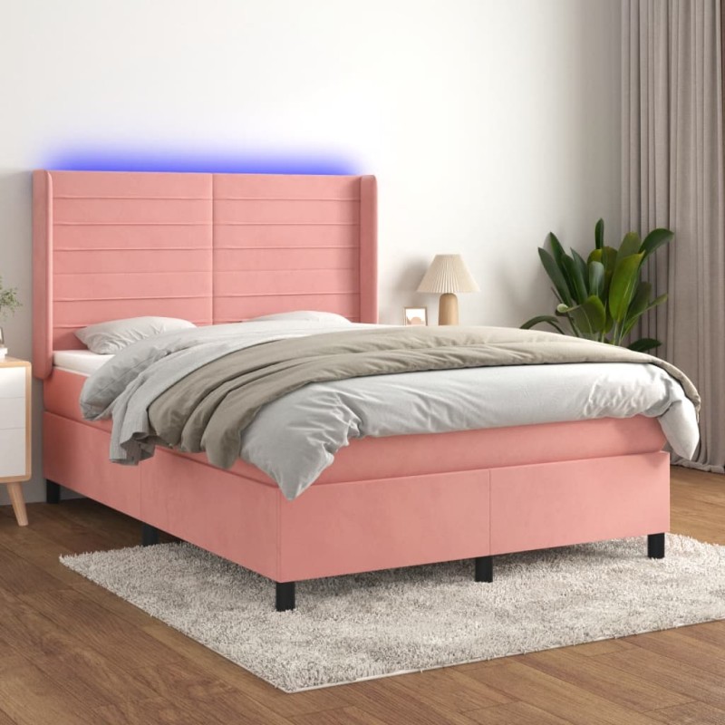 vidaXL Letto a Molle con Materasso e LED Rosa 140x200 cm in Velluto vidaXL Letto a Molle con Materasso e LED Rosa 140x200 cm in Velluto