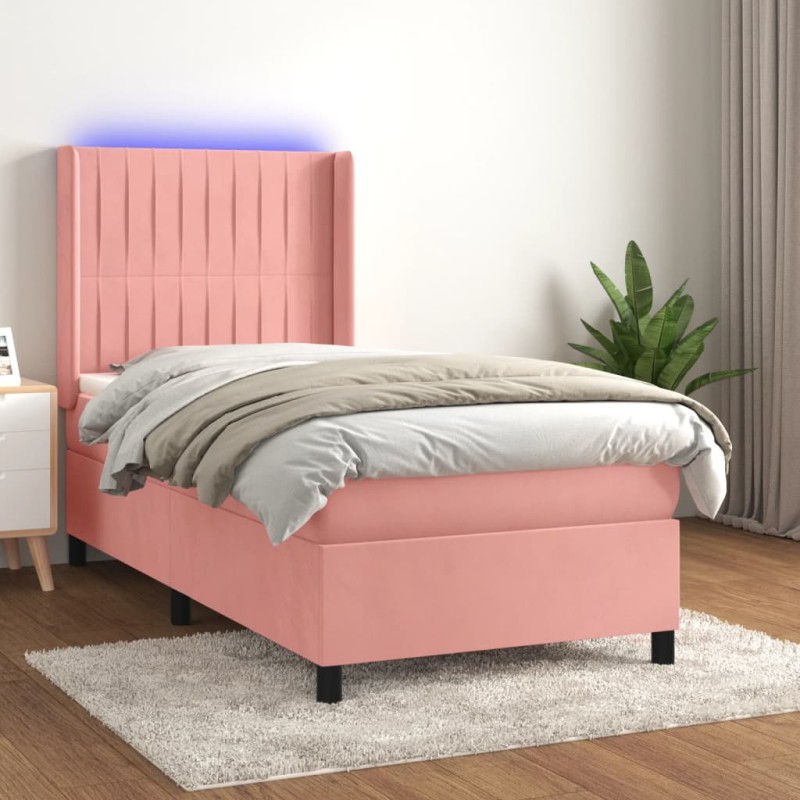 Letto a Molle con Materasso e LED Rosa 90x190 cm in Velluto Letto a Molle con Materasso e LED Rosa 90x190 cm in Velluto