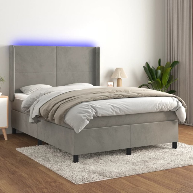 Letto a Molle Materasso e LED Grigio Chiaro 140x200 cm Velluto Letto a Molle Materasso e LED Grigio Chiaro 140x200 cm Velluto