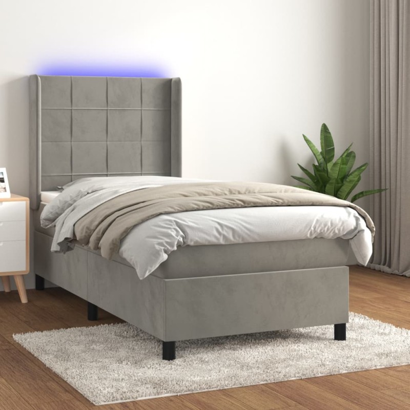 Letto a Molle Materasso e LED Grigio Chiaro 100x200 cm Velluto Letto a Molle Materasso e LED Grigio Chiaro 100x200 cm Velluto