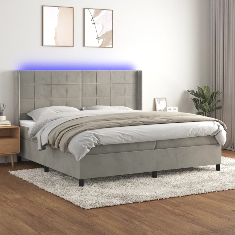 vidaXL Letto a Molle Materasso e LED Grigio Chiaro 200x200 cm Velluto vidaXL Letto a Molle Materasso e LED Grigio Chiaro 200x200 cm Velluto
