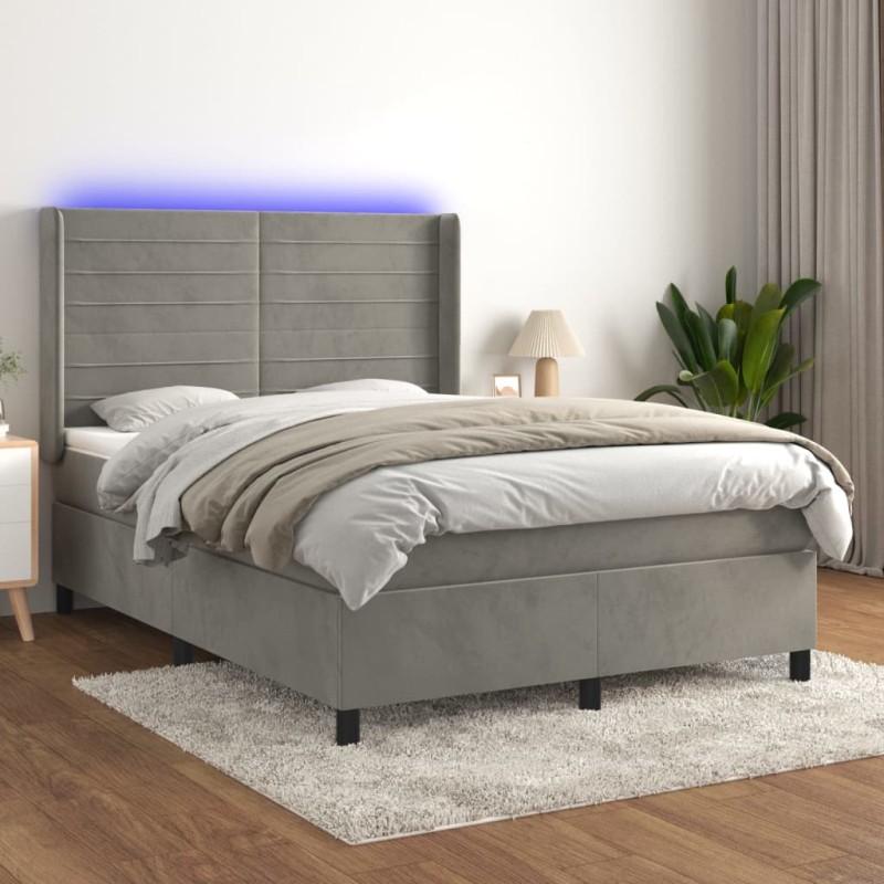 Letto a Molle Materasso e LED Grigio Chiaro 140x190 cm Velluto Letto a Molle Materasso e LED Grigio Chiaro 140x190 cm Velluto