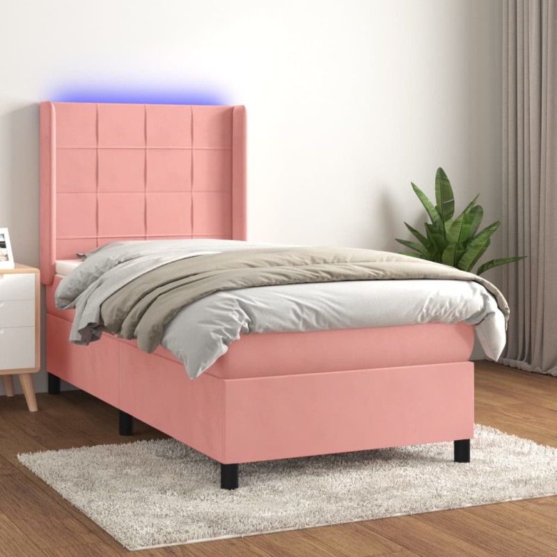 Letto a Molle con Materasso e LED Rosa 90x190 cm in Velluto Letto a Molle con Materasso e LED Rosa 90x190 cm in Velluto