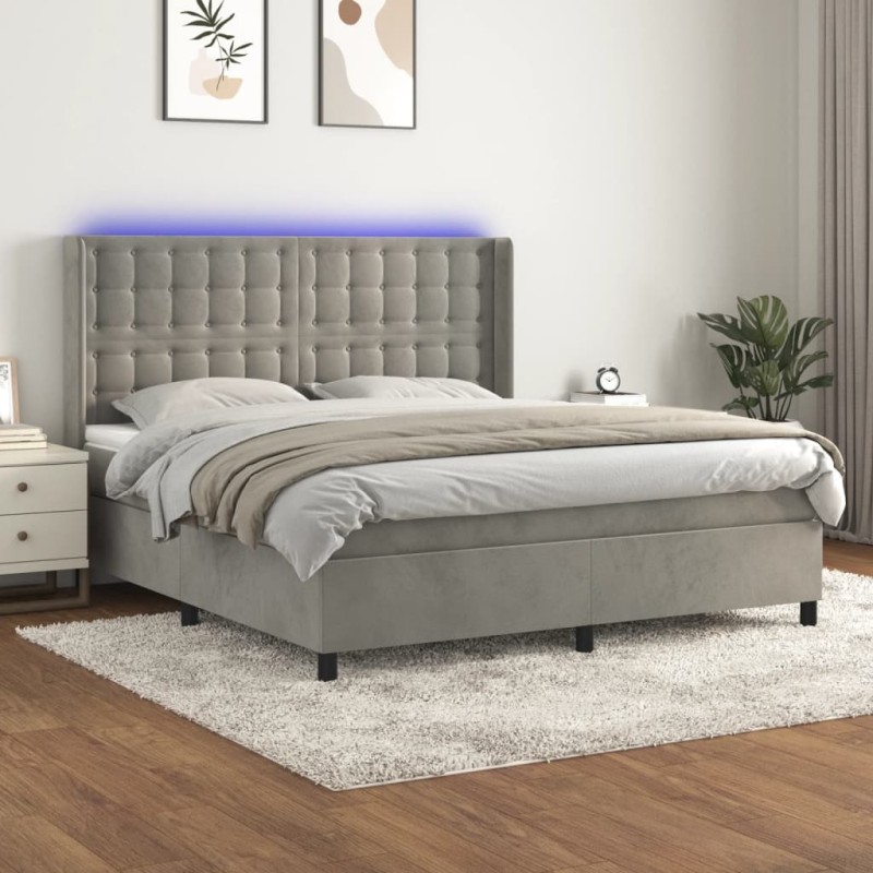 Letto a Molle Materasso e LED Grigio Chiaro 160x200 cm Velluto Letto a Molle Materasso e LED Grigio Chiaro 160x200 cm Velluto
