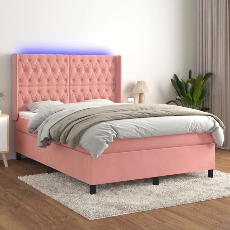 Letto a Molle con Materasso e LED Rosa 140x190 cm in Velluto Letto a Molle con Materasso e LED Rosa 140x190 cm in Velluto