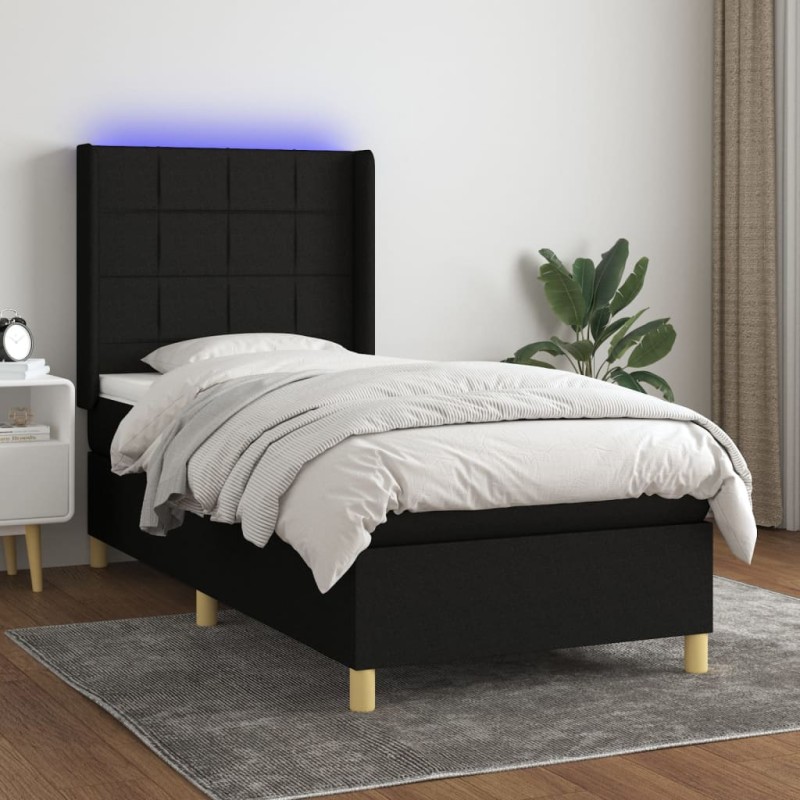 Letto a Molle con Materasso e LED Nero 90x190 cm in Tessuto Letto a Molle con Materasso e LED Nero 90x190 cm in Tessuto