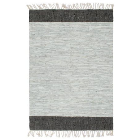 Tappeto Chindi Artigianale Pelle 190x280cm Grigio Chiaro e Nero