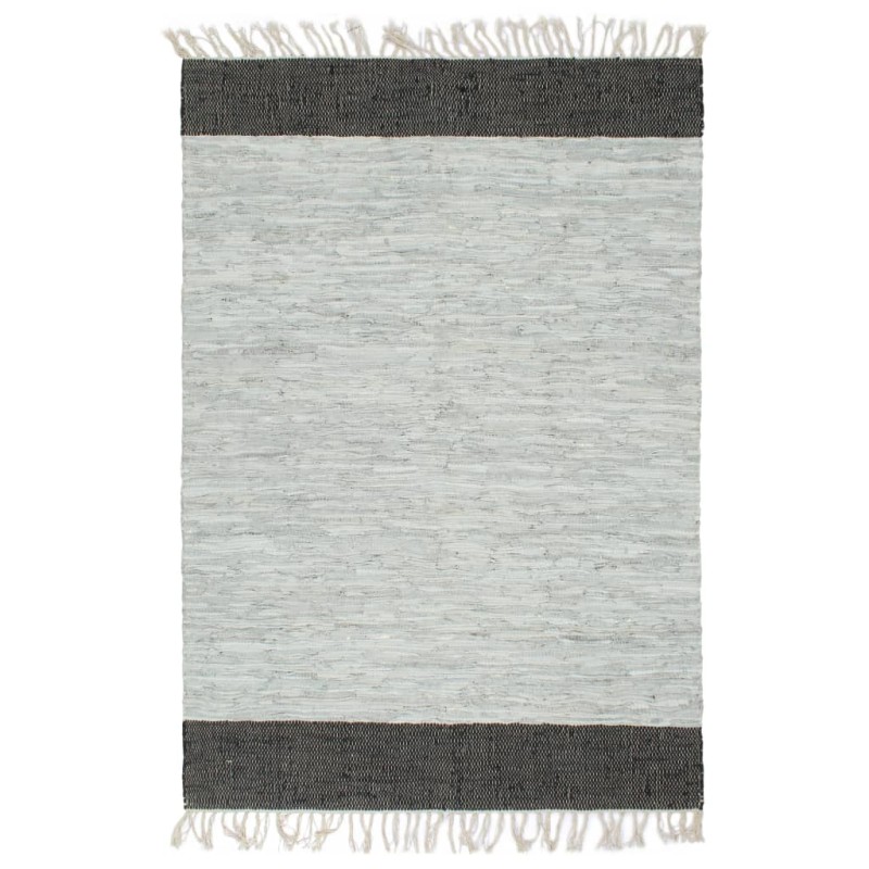 Tappeto Chindi Artigianale Pelle 160x230cm Grigio Chiaro e Nero Tappeto Chindi Artigianale Pelle 160x230cm Grigio Chiaro e Nero