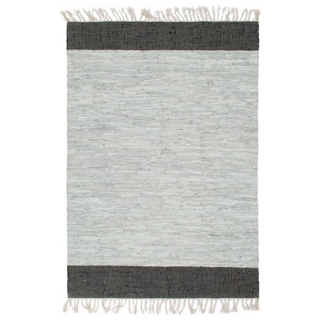 Tappeto Chindi Artigianale Pelle 160x230cm Grigio Chiaro e Nero
