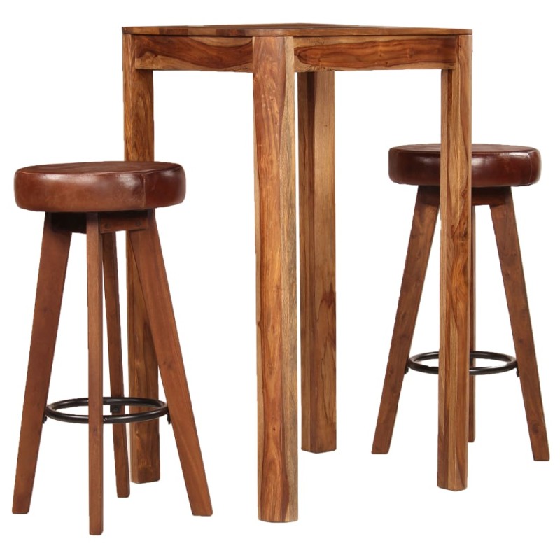 Set da Bar 3 pz in Legno Massello di Sheesham e Vera Pelle Set da Bar 3 pz in Legno Massello di Sheesham e Vera Pelle