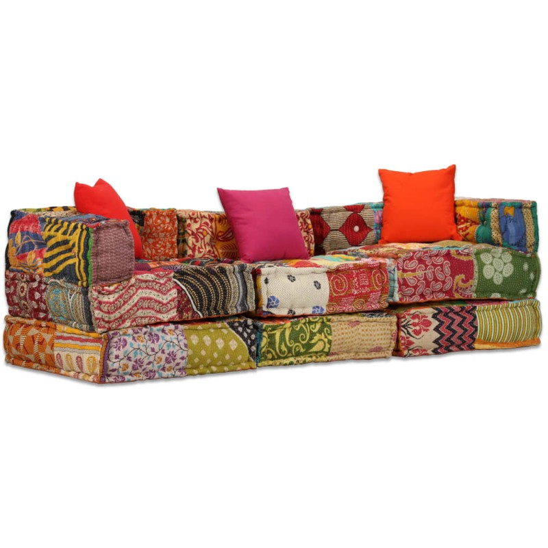 Pouf Modulare a 3 Posti in Tessuto Patchwork Pouf Modulare a 3 Posti in Tessuto Patchwork