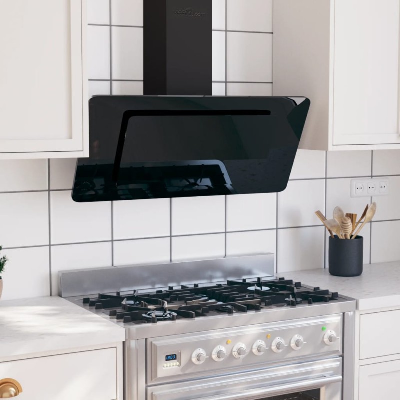 Cappa a Parete 90 cm in Acciaio Inox e Vetro Temperato Nero Cappa a Parete 90 cm in Acciaio Inox e Vetro Temperato Nero