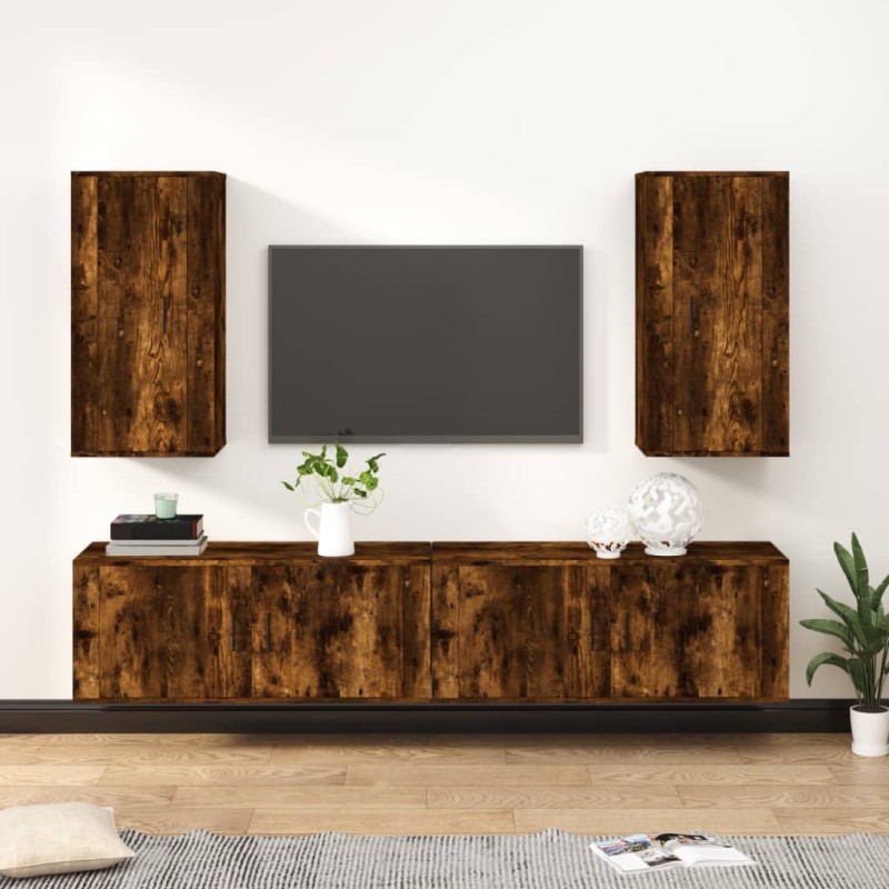 Set di Mobili Porta TV 4 pz Rovere Fumo in Legno Multistrato Set di Mobili Porta TV 4 pz Rovere Fumo in Legno Multistrato