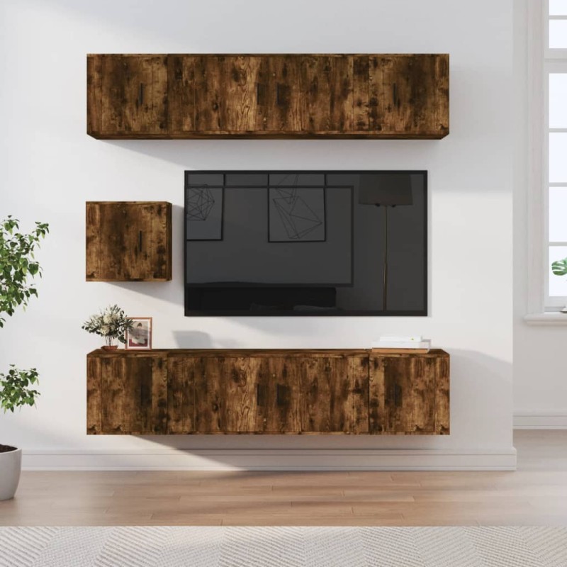 Set di Mobili Porta TV 7 pz Rovere Fumo in Legno Multistrato Set di Mobili Porta TV 7 pz Rovere Fumo in Legno Multistrato