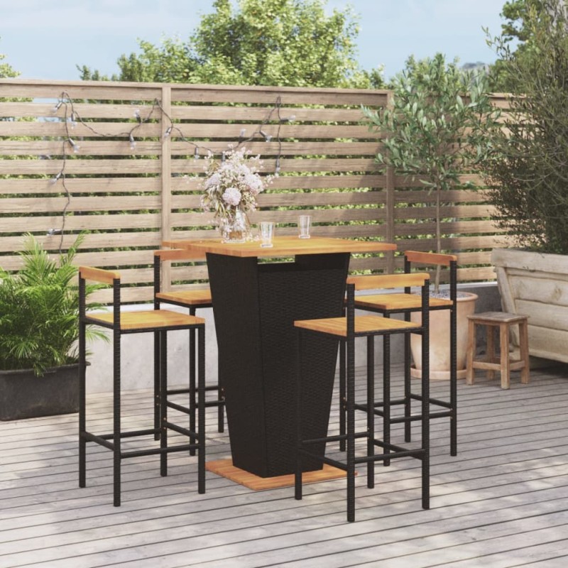 Set Bar Giardino 5 pz Nero Polyrattan e Legno Massello Acacia