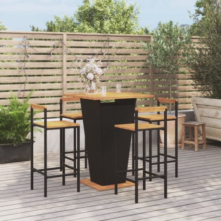 Set Bar Giardino 5 pz Nero Polyrattan e Legno Massello Acacia