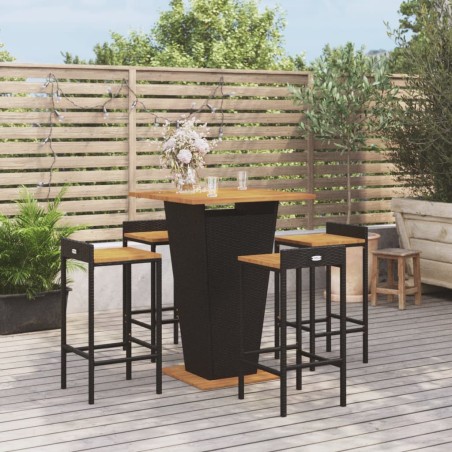Set Bar Giardino 5 pz Nero Polyrattan e Legno Massello Acacia
