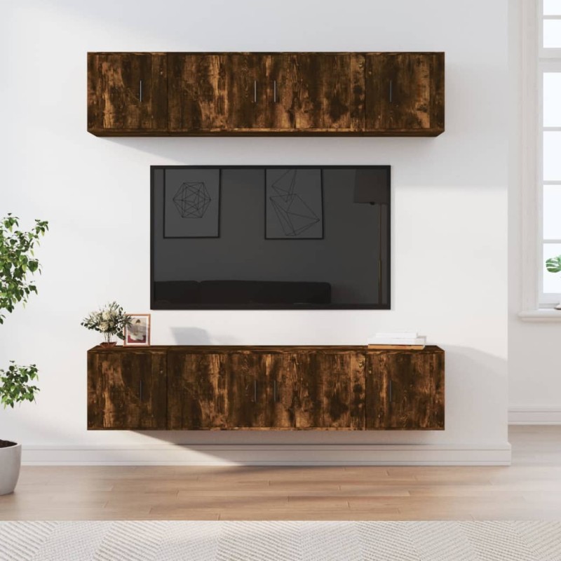 Set di Mobili Porta TV 6 pz Rovere Fumo in Legno Multistrato Set di Mobili Porta TV 6 pz Rovere Fumo in Legno Multistrato