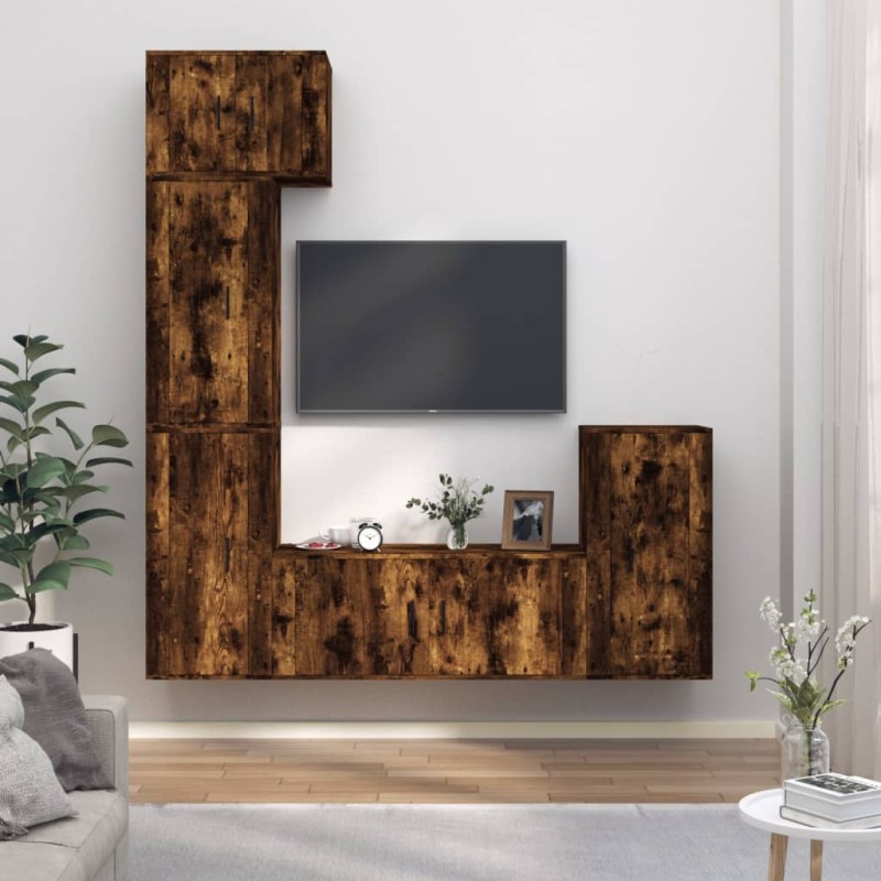 Set di Mobili Porta TV 5 pz Rovere Fumo in Legno Multistrato Set di Mobili Porta TV 5 pz Rovere Fumo in Legno Multistrato