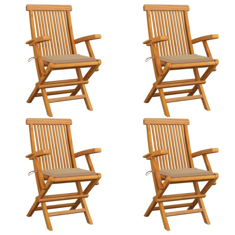 Sedie da Giardino con Cuscini Beige 4 pz Massello di Teak