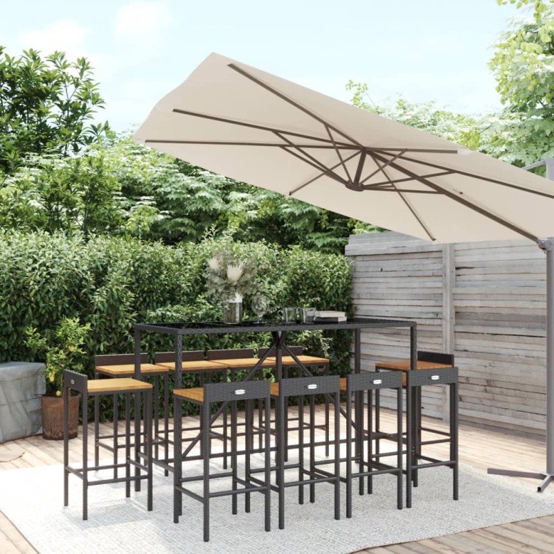vidaXL Set Bar Giardino 11 pz Nero Polyrattan e Legno Massello Acacia vidaXL Set Bar Giardino 11 pz Nero Polyrattan e Legno Massello Acacia
