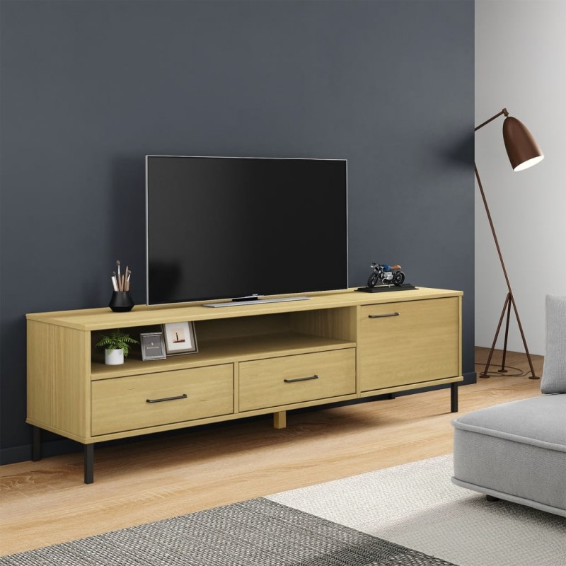 Mobile TV con Gambe Metallo Marrone Legno Massello di Pino OSLO Mobile TV con Gambe Metallo Marrone Legno Massello di Pino OSLO