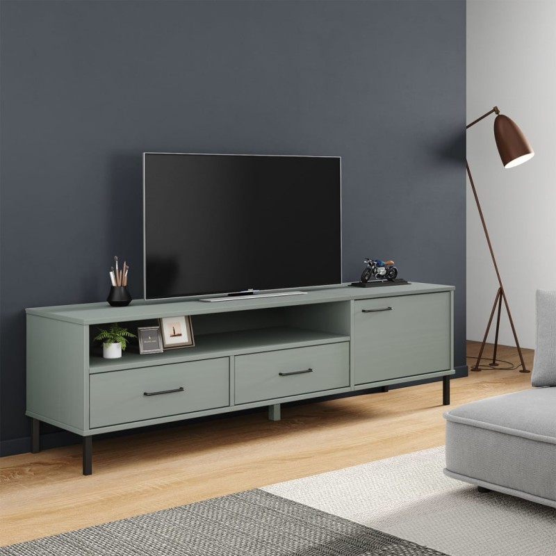 Mobile TV con Gambe Metallo Grigio Legno Massello di Pino OSLO Mobile TV con Gambe Metallo Grigio Legno Massello di Pino OSLO