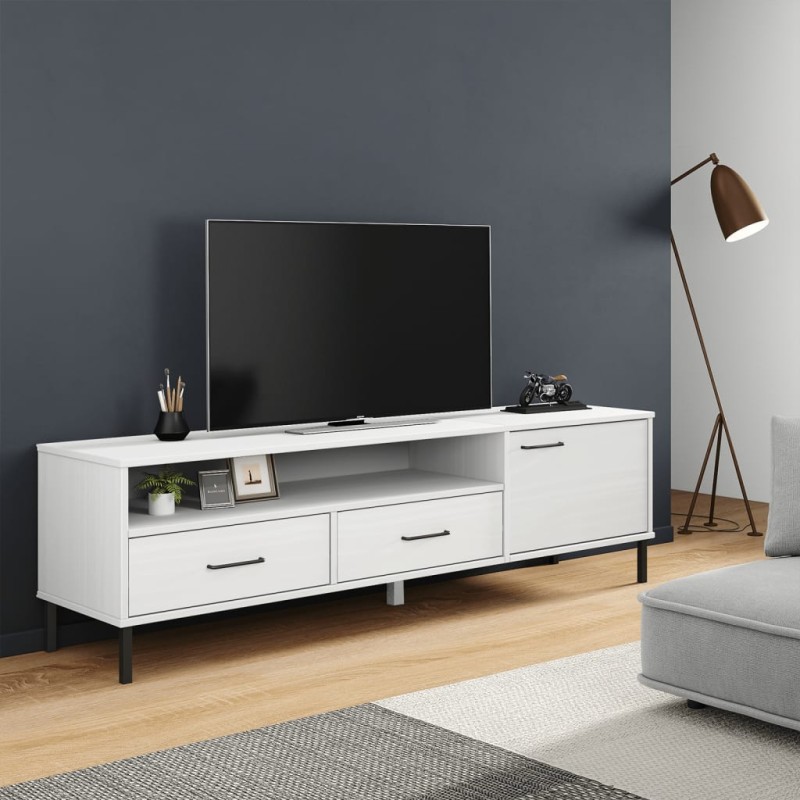 Mobile TV con Gambe Metallo Bianco Legno Massello di Pino OSLO Mobile TV con Gambe Metallo Bianco Legno Massello di Pino OSLO