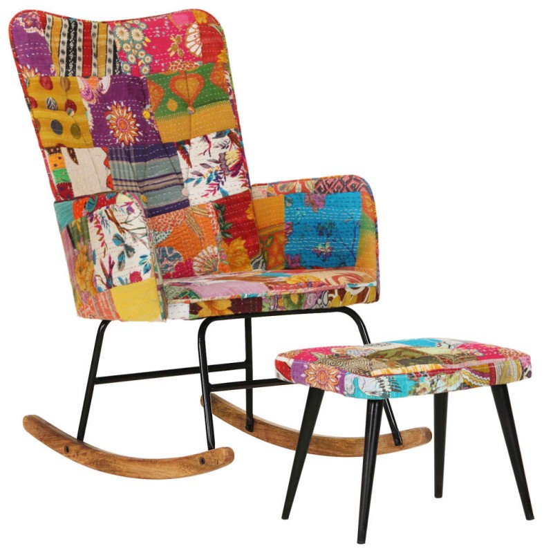 Sedia a Dondolo con Poggiapiedi Multicolore Patchwork in Tela Sedia a Dondolo con Poggiapiedi Multicolore Patchwork in Tela