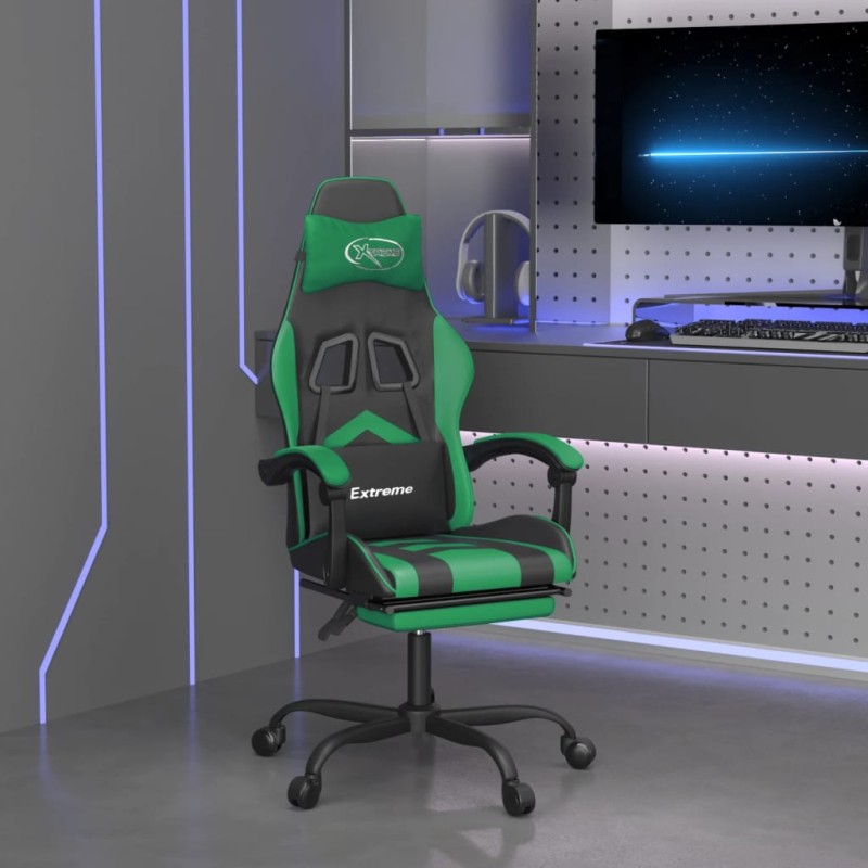 Sedia da Gaming con Poggiapiedi Nero e Verde in Similpelle Sedia da Gaming con Poggiapiedi Nero e Verde in Similpelle