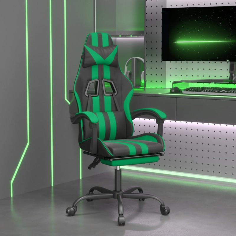 Sedia da Gaming con Poggiapiedi Nero e Verde in Similpelle Sedia da Gaming con Poggiapiedi Nero e Verde in Similpelle