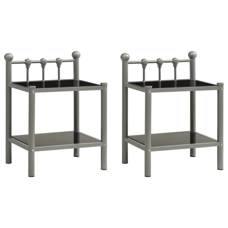 Comodini 2 pz Grigio e Nero in Metallo e Vetro Comodini 2 pz Grigio e Nero in Metallo e Vetro