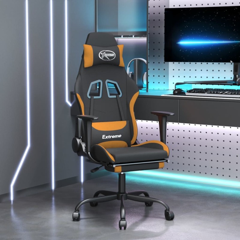 Sedia da Gaming con Poggiapiedi Nero e Arancione in Tessuto Sedia da Gaming con Poggiapiedi Nero e Arancione in Tessuto